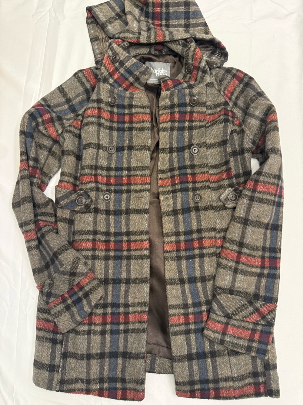 Charlotte Russe Plaid Hooded Peacoat Jacket in Gray, Red & Blue